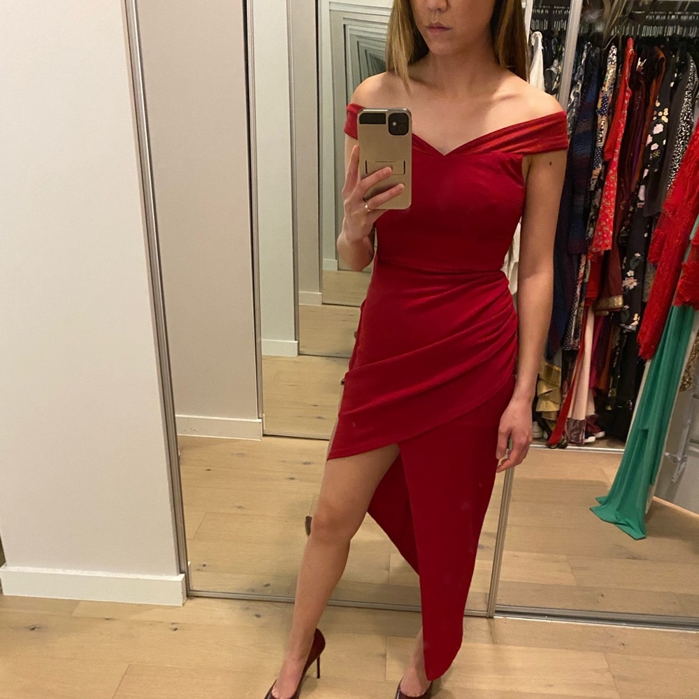 Off the shoulder red asymmetrical dress